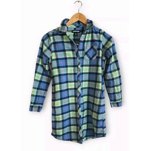 Lands End Shirt Dress Girls M Blue Plaid Button Front Lightweight Modest Cotton